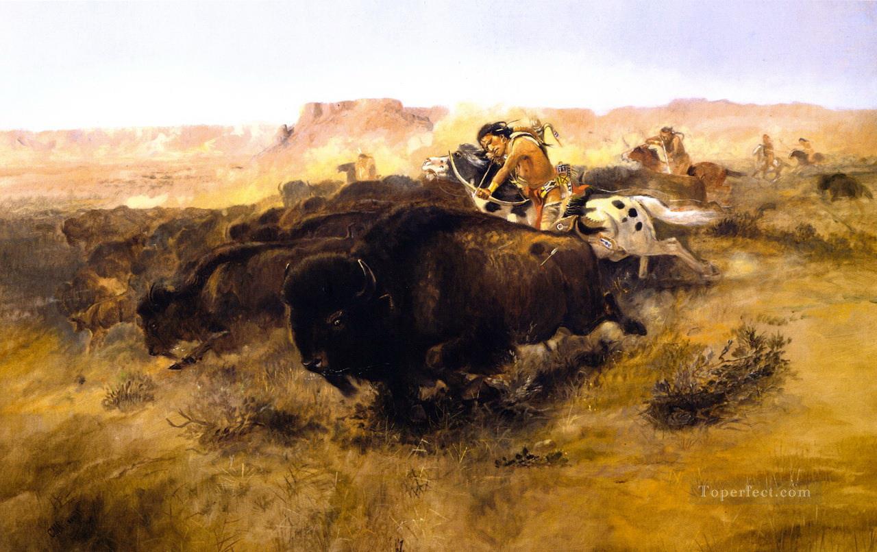 die Büffeljagd 1895 Charles Marion Russell Indianer Ölgemälde